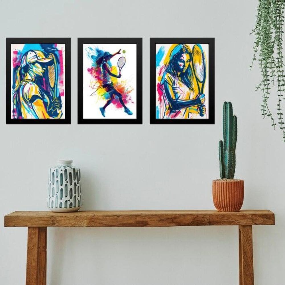 Kit 3 Quadros Gravuras Tenistas - Mulher 33X24Cm