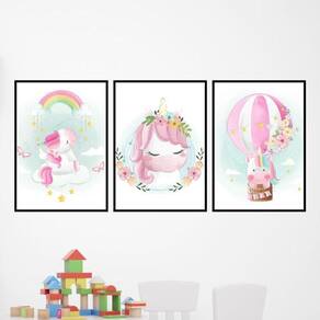 Kit 3 Quadros Unicórnios Aquarela Balão 33X24Cm Com Vidro