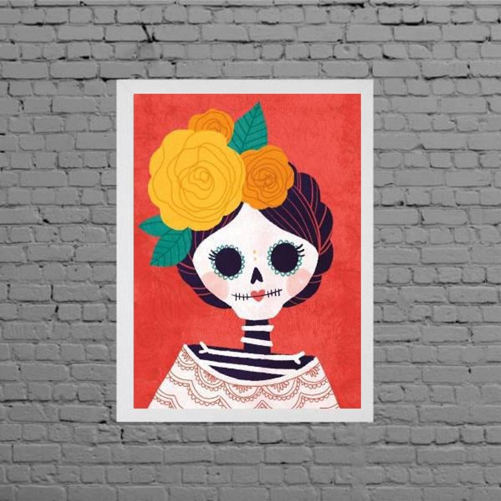 Quadro Caveirinha Mexicana 45x34cm Moldura Branca