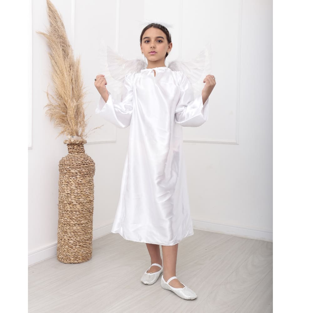 Fantasia Kit Anjo Infantil Tunica Asa de Anjo Aureola Carnaval Halloween Querubim Teatro Festa Batismo Coroacao