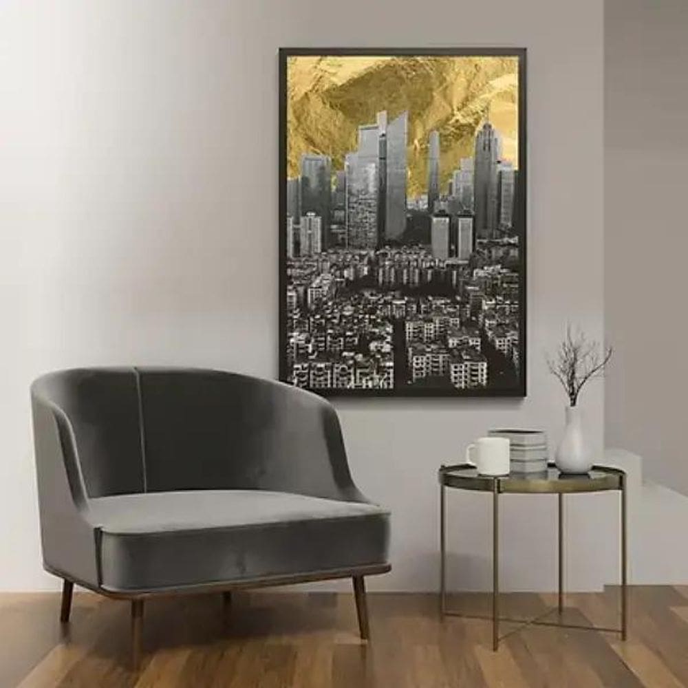Quadro Cidade Cinza Com Céu Dourado 24X18 C/Vidro - Preta