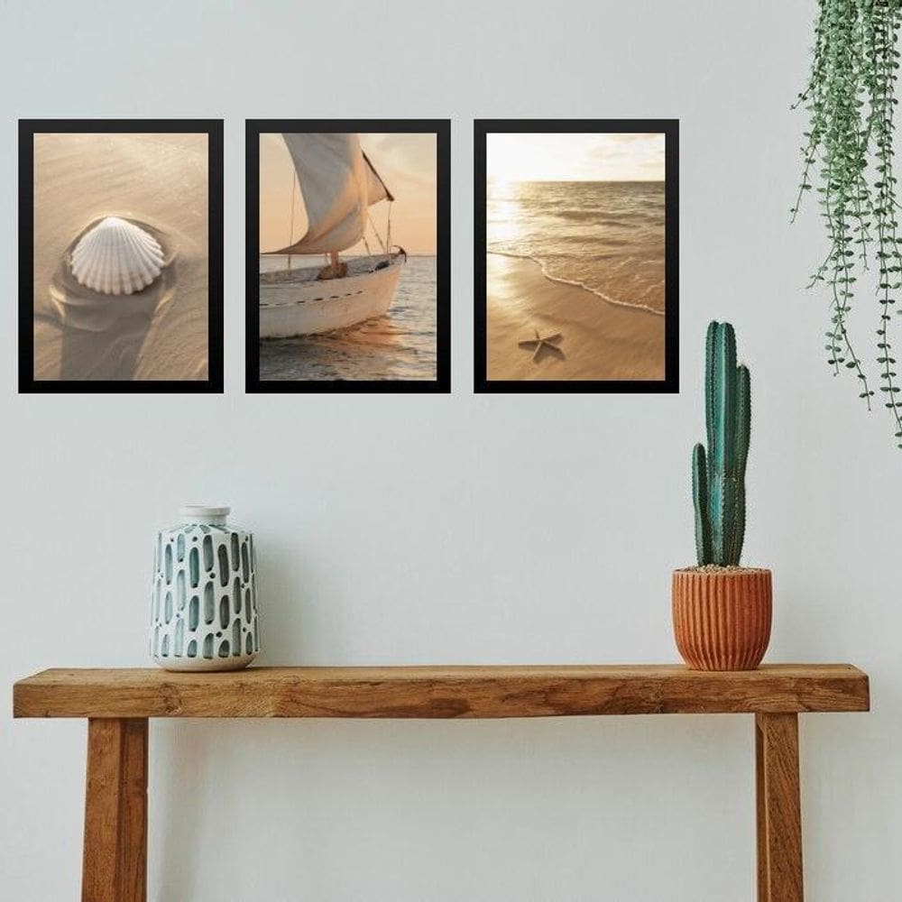 Kit 3 Quadros Gravuras Praia Bege Barco E Conchas 24X18Cm