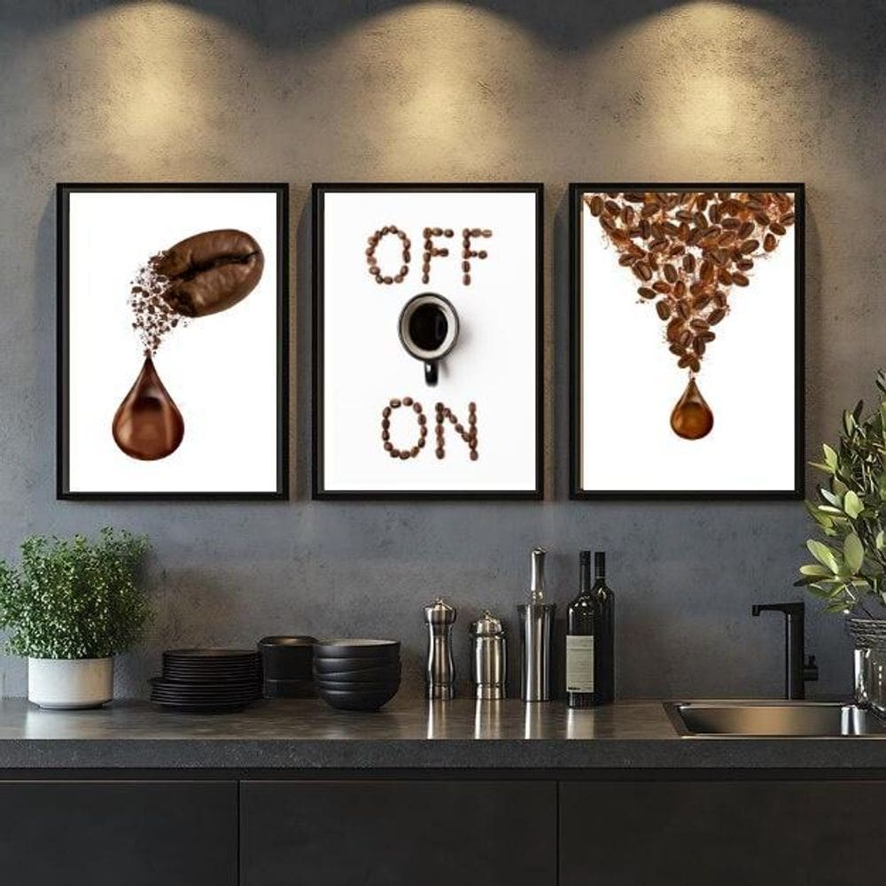 Kit 3 Quadros Grãos De Café Gotas - On Off 45X34Cm