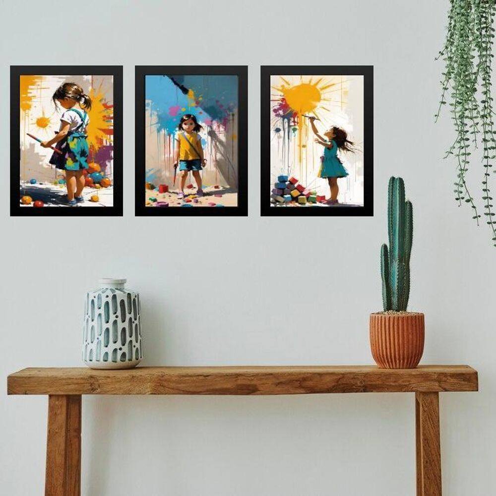 Kit 3 Quadros Decorativos Artes Crianças Pintando 45X34Cm