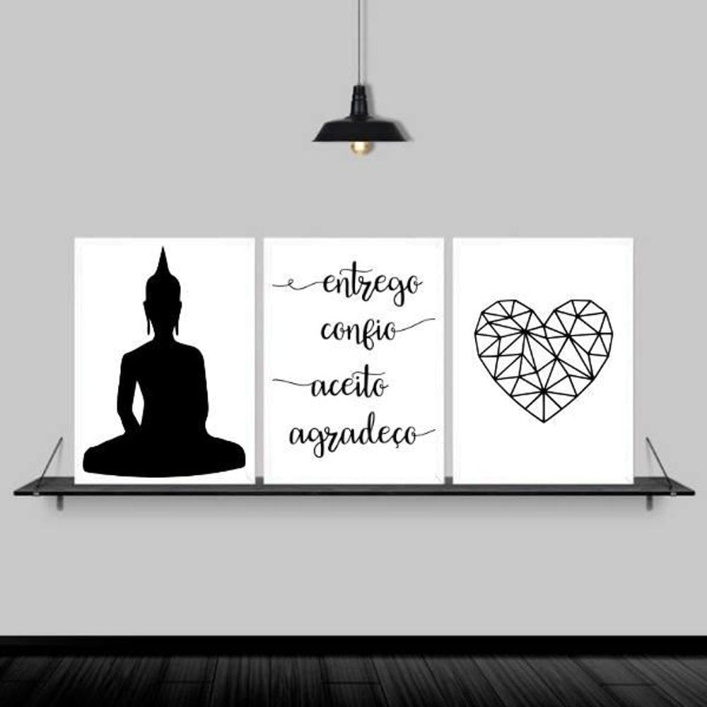 Kit 3 Quadros Buda Mantra Coração 33X24Cm Moldura Branca