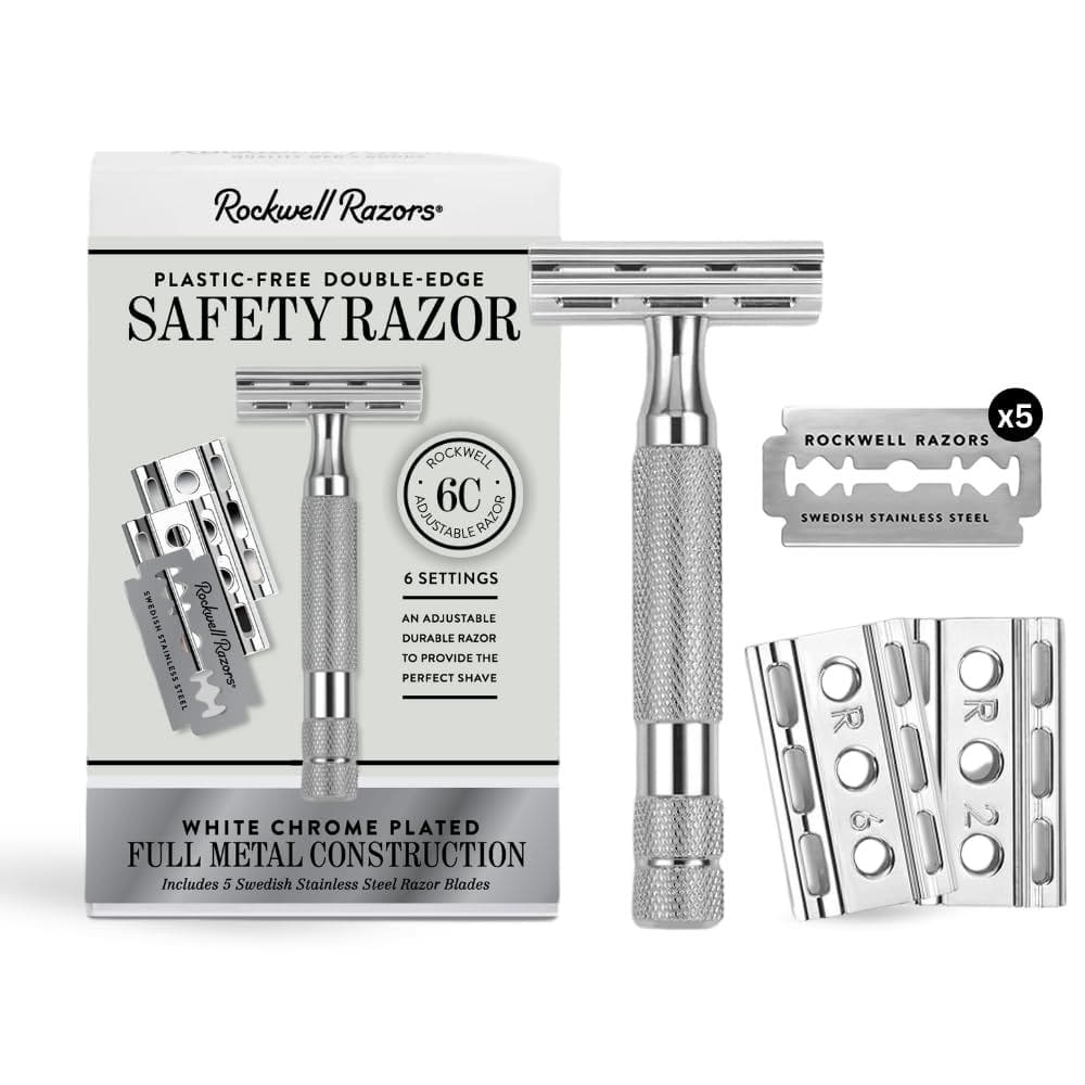 Configurações do barbeador de segurança ROCKWELL RAZORS 6C White Chrome 6