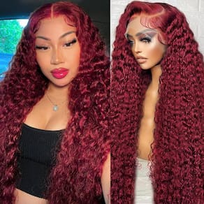 Perucas frontais de renda ILHILH 99J Burgundy Deep Wave 26" 200% de densidade