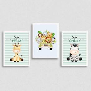 Kit 3 Quadros Safari Infantil 45x34cm - Vidro Branca