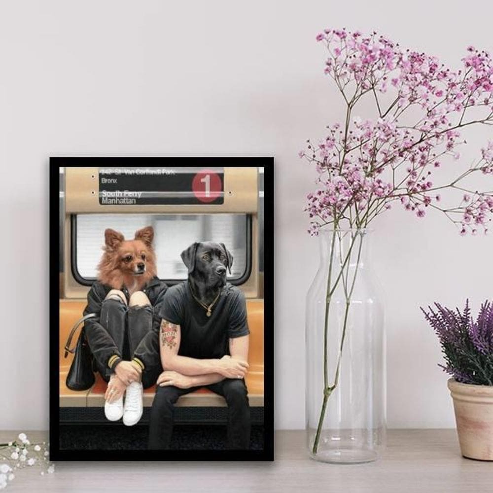Quadro Montagem Cães Pessoas Metrô 45X34Cm - Com Vidro Preta