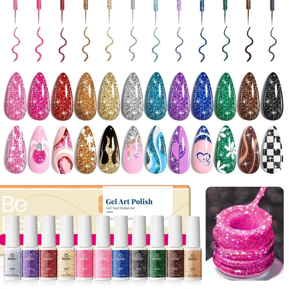 Conjunto de esmaltes Nail Art Gel Liner Beetles, 12 cores, reflexivo