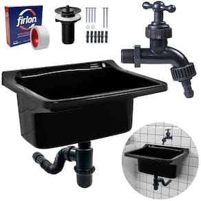 Tanque Plástico 40L Lavanderia Preto + Sifão Copo Universal