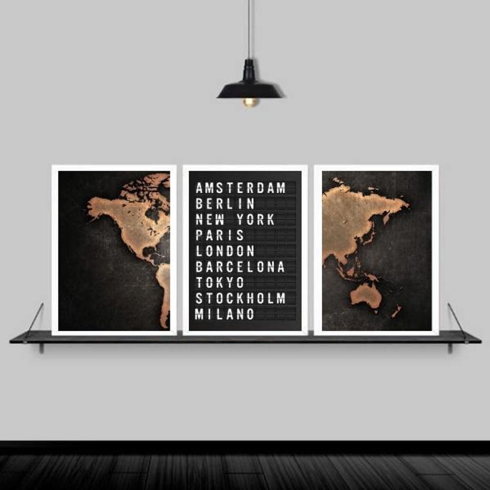 Kit 3 Quadros Mapa Placa De Aeroporto 45X34Cm Madeira Branca