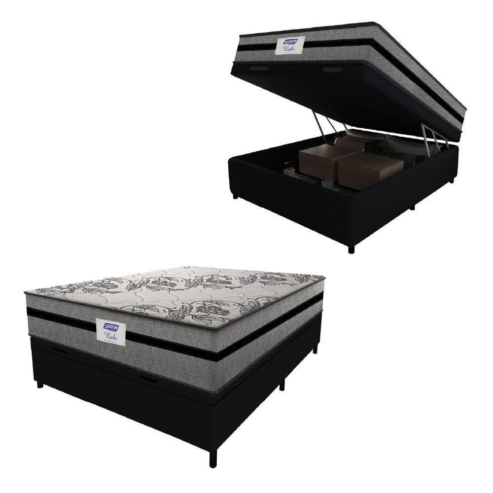 Cama Box Baú Casal Colchão Gazin Com Molas Ensacadas Rubi 138x188x73cm Suede Preto/Cinza