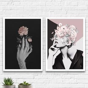 Kit 2 Quadros Para Quarto Mulher Com Flores 45Cm Com Vidro