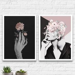 Kit 2 Quadros Para Quarto Mulher Com Flores 45Cm Com Vidro