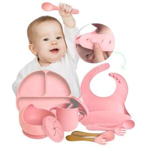 Kit Refeição Bebê Prato Babador Copo Talher Silicone 10 Pçs Rosa