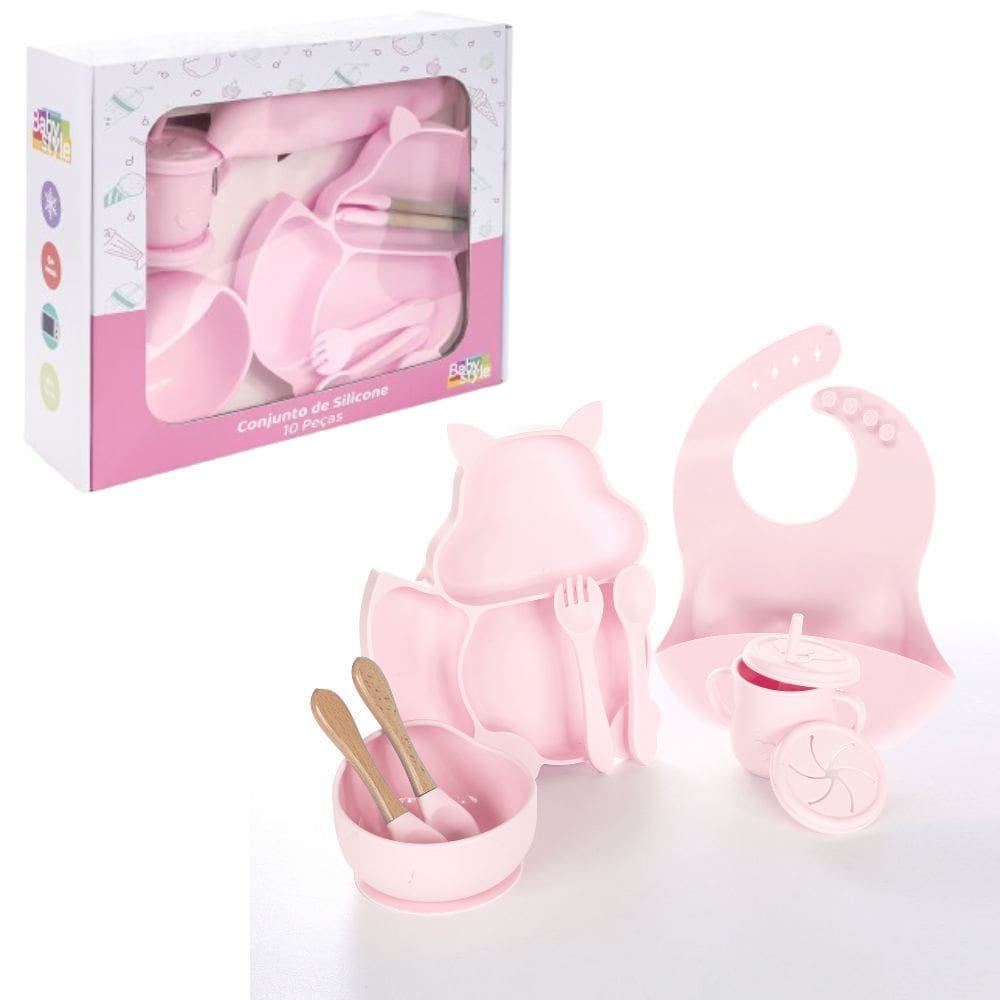 Kit 10 Pçs Alimentação Para Bebê Silicone Infantil Ventosa Rosa