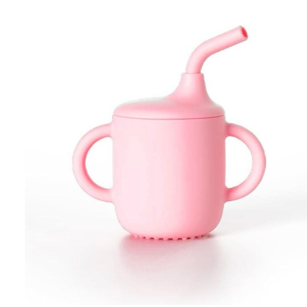 Copo Treinamento Transição Alça E Canudo Bebê Em Silicone Rosa