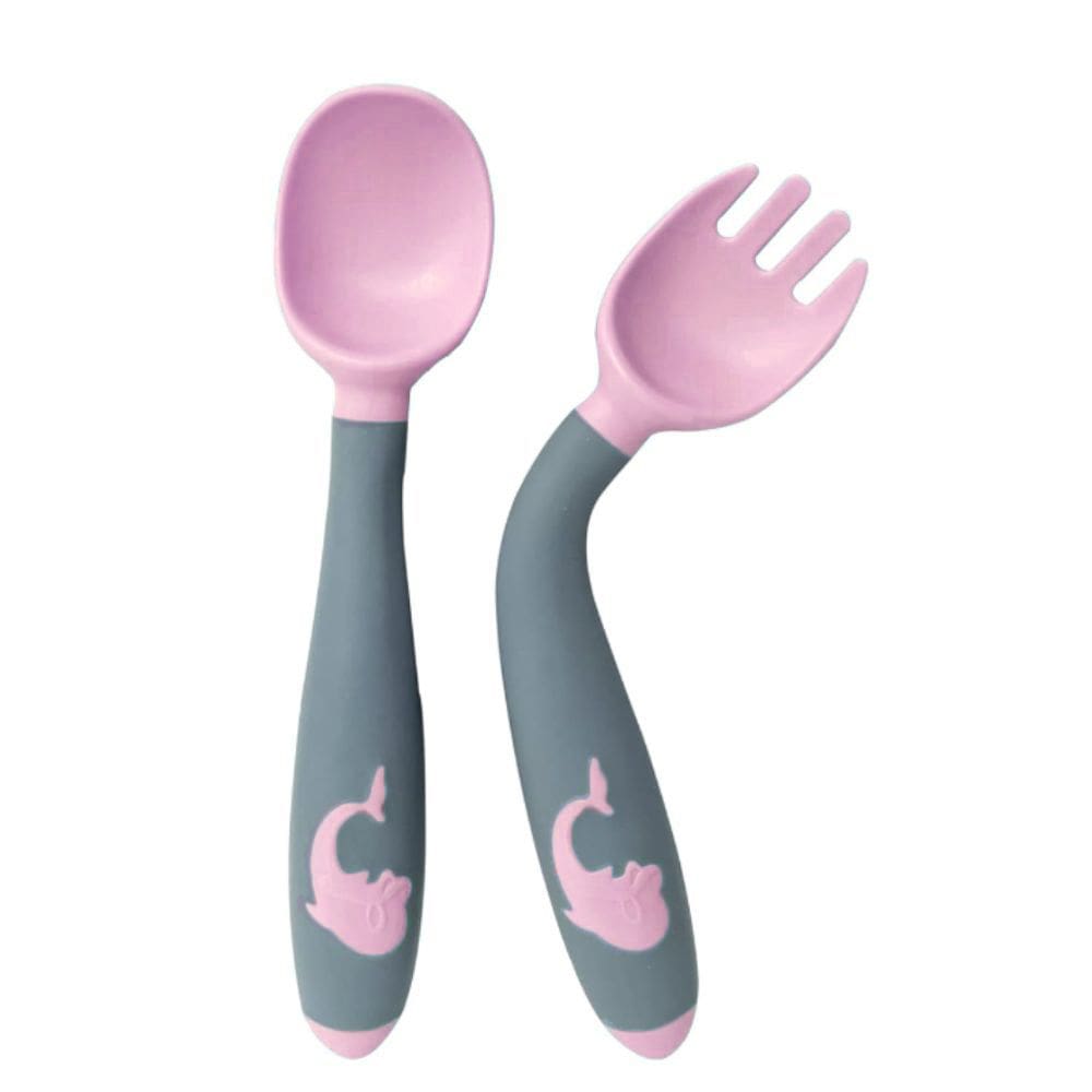 Kit Garfo E Colher Infantil De Silicone Flexível Refeição Rosa