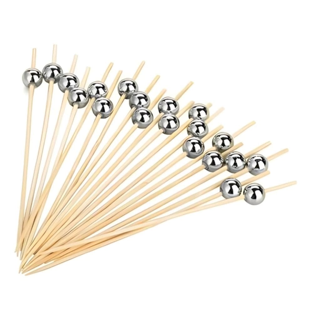 Palitos De Bambu Com Bolinhas Prata 12cm 20un Silver