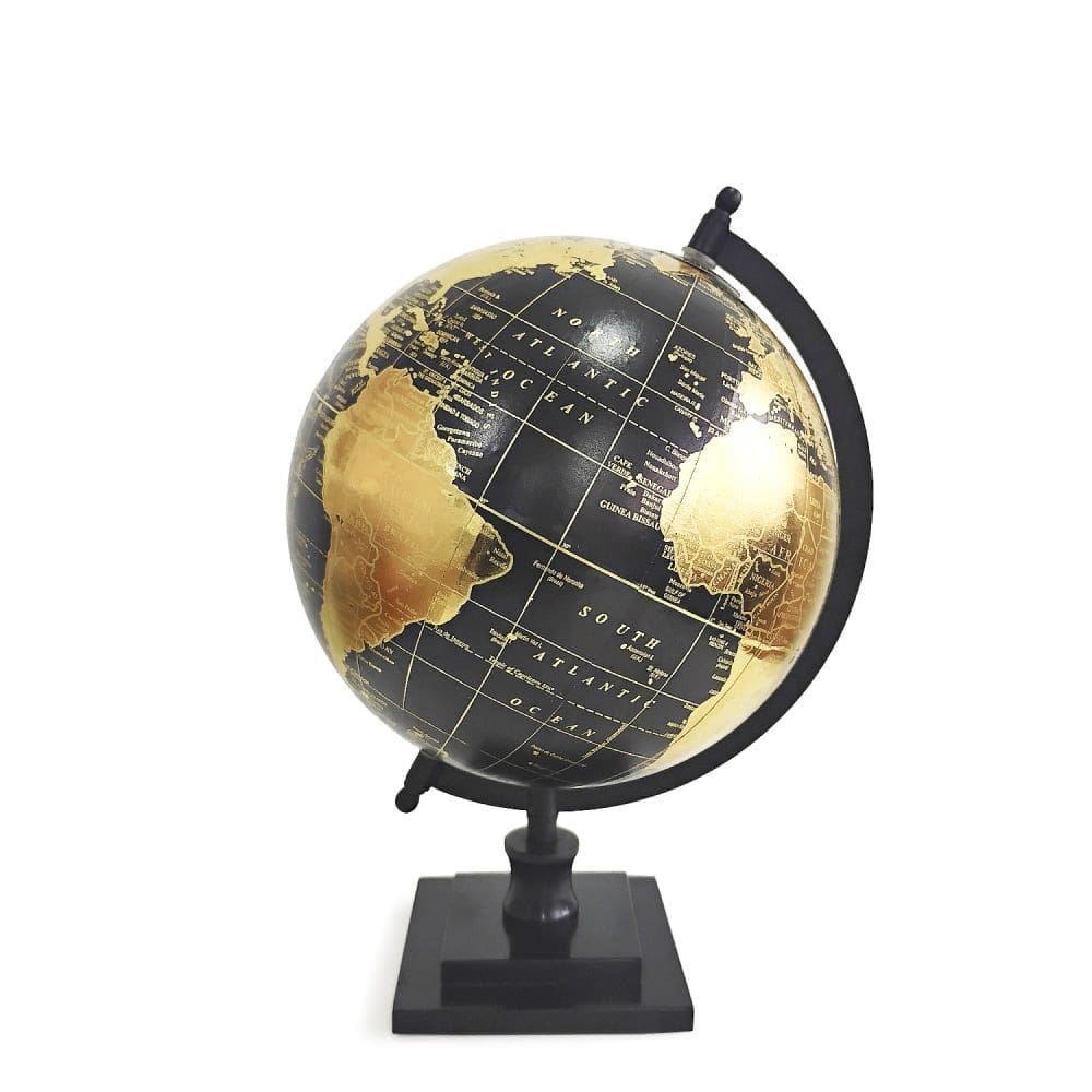 Globo Terrestre de Plástico Preto e Dourado com Base em Resina 30cm
