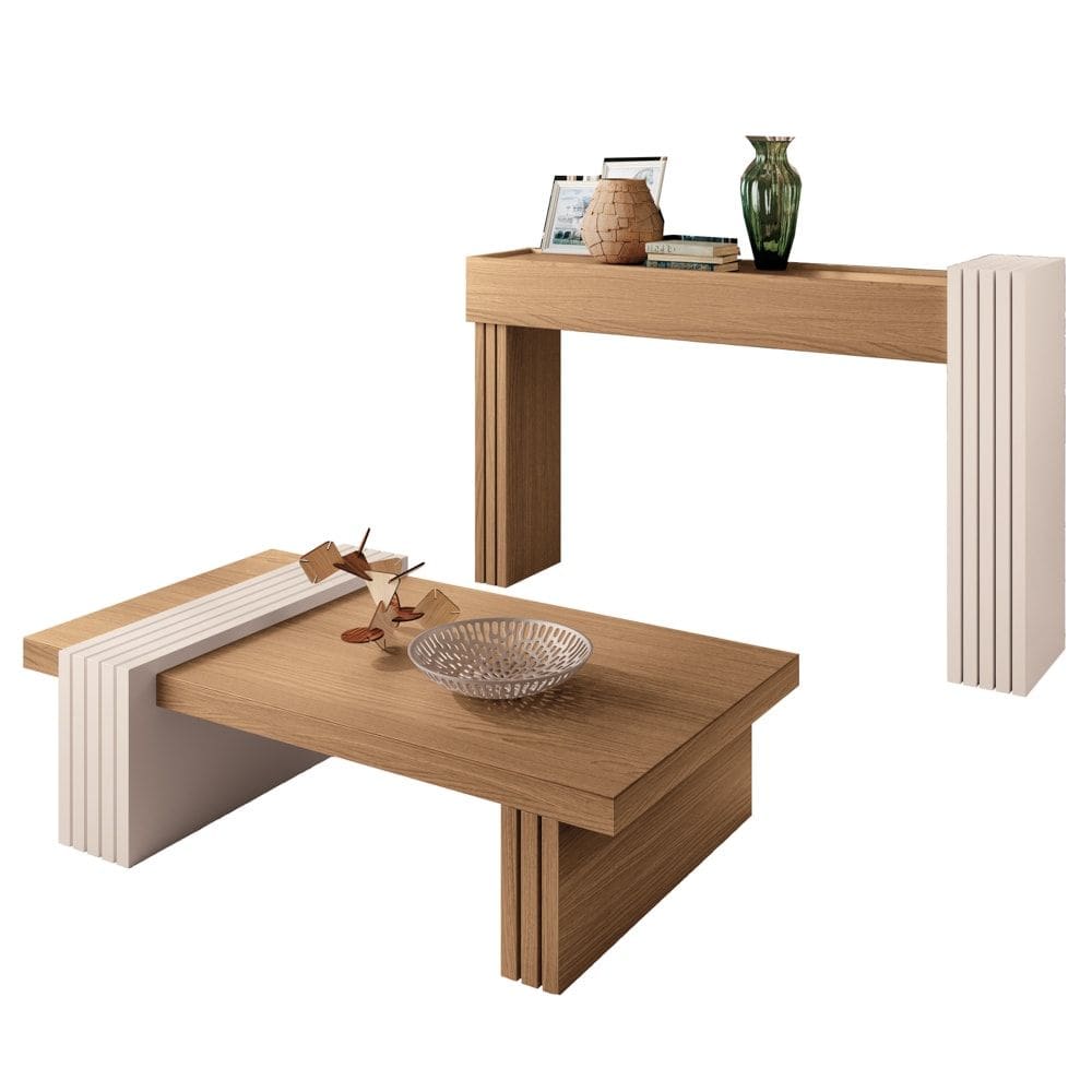 Mesa de Centro Tammy e Aparador Solare Ripado H01 Off White/Freijó - Mpozenato