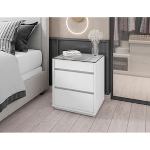 Mesa de Cabeceira 3 Gavetas com Organizador Tampo em Vidro Belize Branco - Rede Móveis