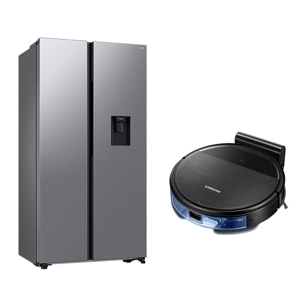 Geladeira Side by Side SmartThings com Dispenser de Água Samsung RS57 Inox 560L 220V + Aspirador Robô com conectividade Wi-FI