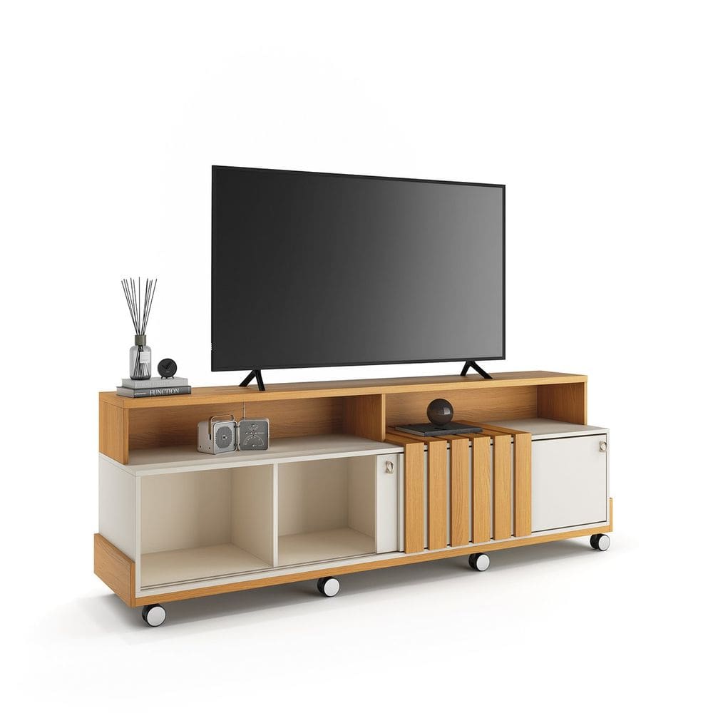 Rack Bancada Sala Estar Detalhe Ripado TV Até 70 Polegadas 2 Portas de Correr Rodízios Cromados Graci 1.8