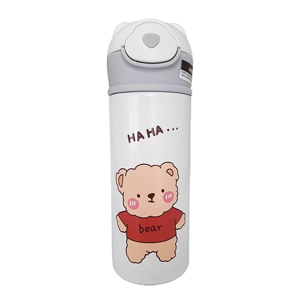 Garrafa Térmica de Ursinho Branca Infantil 420ml com Trava de Tampa e Canudo de Silicone