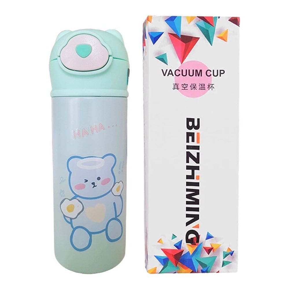 Garrafa Térmica de Ursinho Verde Infantil 420ml com Trava de Tampa e Canudo de Silicone