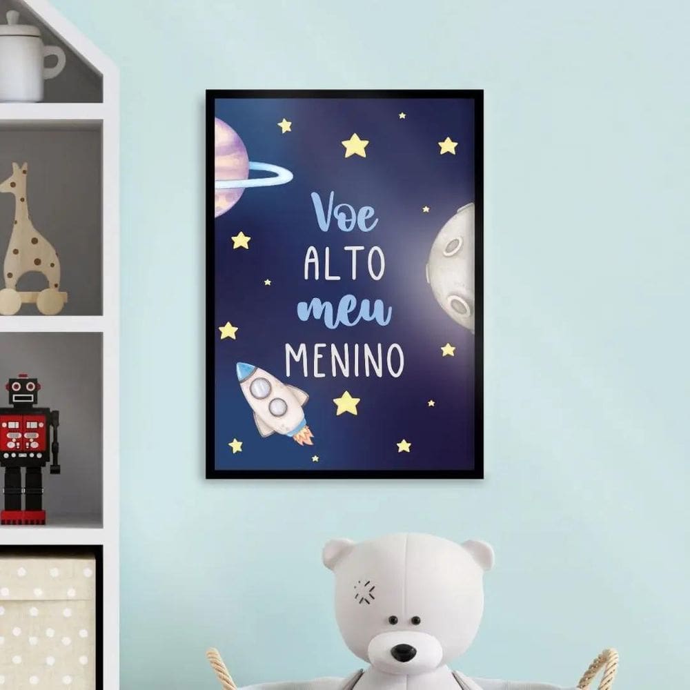 Quadro Infantil Voe Alto Foguete Espaço 24x18cm