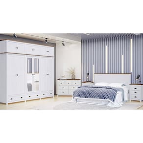 Conjunto Quarto: Guarda-Roupa 10 Portas Cabeceira Cômoda 7 Gavetas 2 Mesas Cabeceiras Branco/Freijó Topázio Madeira Pinus - Finestra