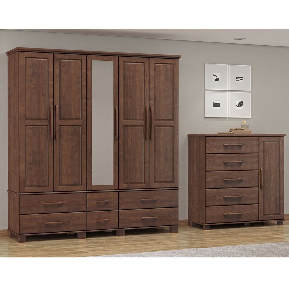 Conjunto Quarto: Guarda-Roupa 5 Portas, Cômoda Sapateira 5 Gavetas Café Ouro Madeira Pinus - Finestra