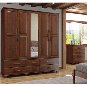 Conjunto Quarto: Guarda-Roupa Casal 5 Portas 6 Gavetas, Cômoda 4 Gavetas Café Ouro Madeira Pinus - Finestra