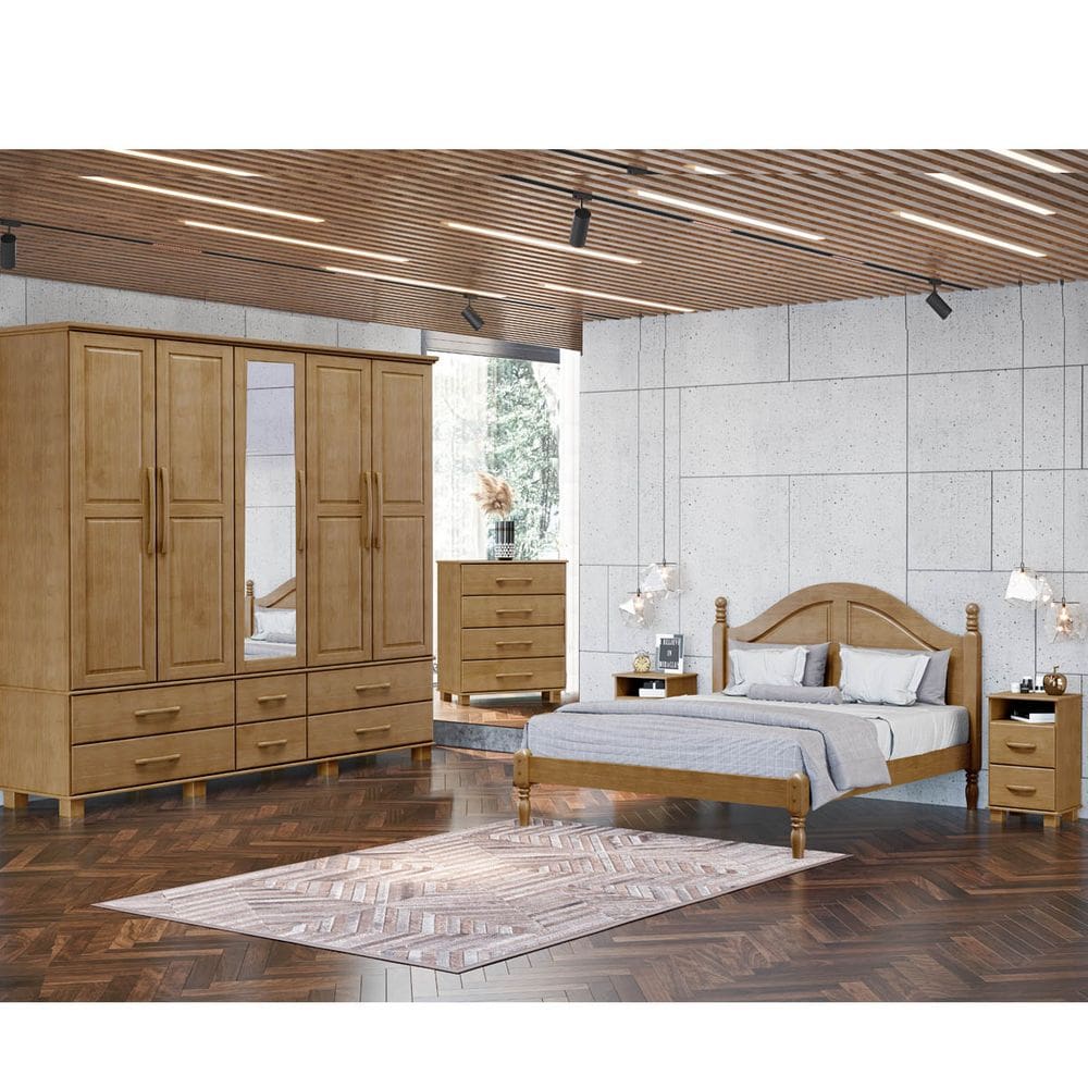 Conjunto Quarto: Guarda-Roupa 5 Portas Cama Casal Cômoda 4 Gavetas 2 Mesas Cabeceiras Freijó Ouro Madeira Pinus - Finestra