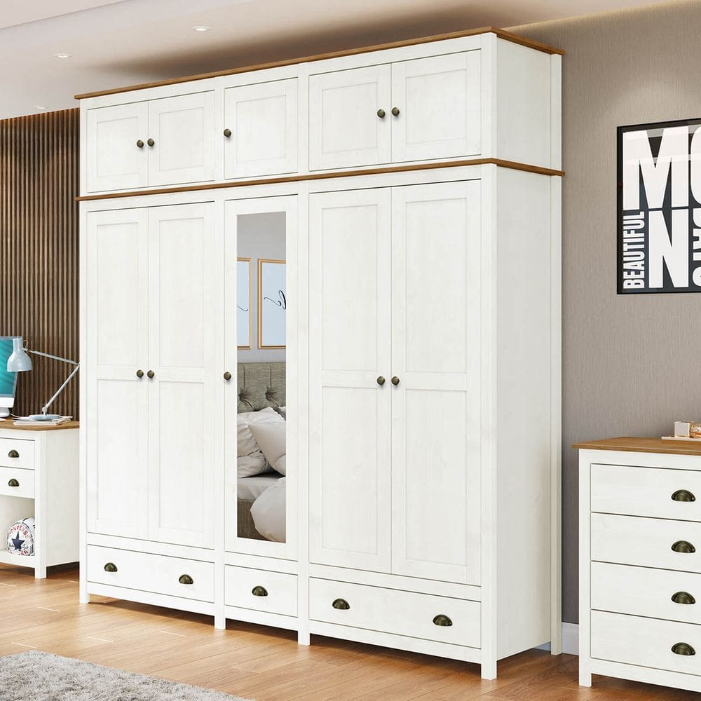 Guarda-Roupa Casal 10 Portas 3 Gavetas Branco/Freijó Topázio Madeira Pinus - Finestra