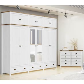 Conjunto Quarto: Guarda-Roupa 12 Portas, Cômoda 8 Gavetas Branco/Freijó Topázio Madeira Pinus - Finestra