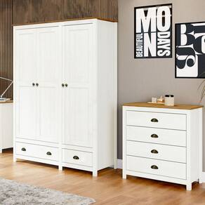 Conjunto Quarto: Guarda-Roupa 3 Portas, Cômoda 4 Gavetas Branco/Freijó Topázio Madeira Pinus - Finestra