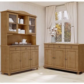 Conjunto Cozinha: Cristaleira 5 Portas 3 Gavetas Balcão 3 Portas 3 Gavetas Freijó Rubi Madeira Pinus - Finestra
