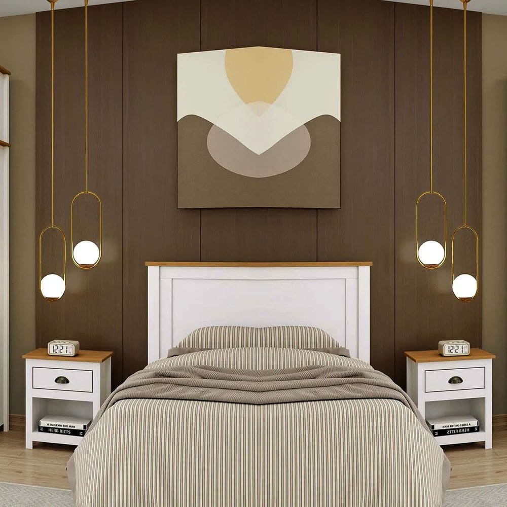 Conjunto Quarto: 1 Cabeceira e 2 Mesas de Cabeceiras c/ 1 gaveta Branco/Freijó Topázio Madeira Pinus - Finestra