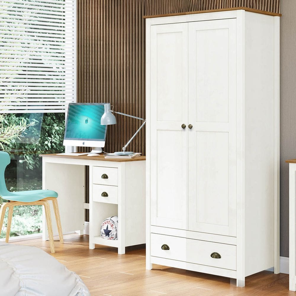 Conjunto Quarto Guarda-Roupa 2 Portas, Escrivaninha 2 Gavetas Branco/Freijó Topázio Madeira Pinus - Finestra