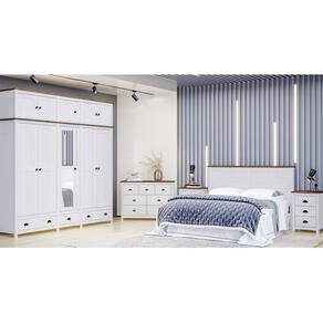 Conjunto Quarto: Guarda-Roupa 12 Portas Cabeceira Cômoda 7 Gavetas 2 Mesas Cabeceiras Branco/Freijó Topázio Madeira Pinus - Finestra