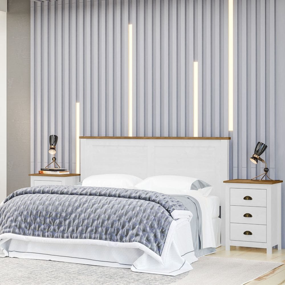 Conjunto Quarto: Cabeceira Cama, 2 Mesas de Cabeceiras Branco/Freijó Topázio Madeira Pinus - Finestra