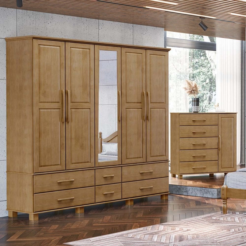 Conjunto Quarto: Guarda-Roupa 5 Portas, Cômoda Sapateira 5 Gavetas Freijó Ouro Madeira Pinus - Finestra