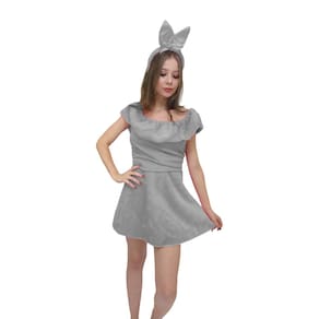 Fantasia Vestido Coelhinha da Páscoa Coelha Cinza Adulto Pelúcia Feminina Carnaval Halloween Zumbi Terror