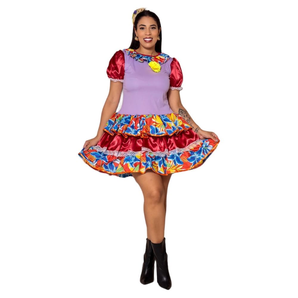 Vestido Junino Rodado Caipira Adulto Vestido Festa Junina Flor Babado
