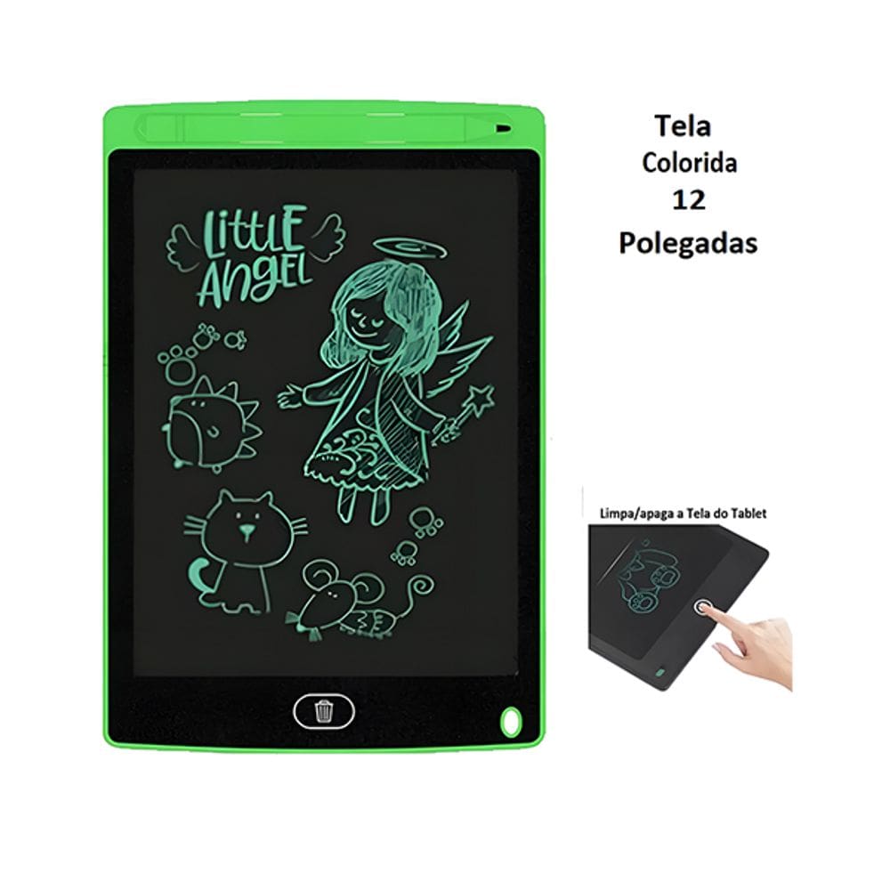 Lousa Mágica Tablet Digital Verde 12" com Caneta de Desenho Traço Colorido para Desenhar e Anotar