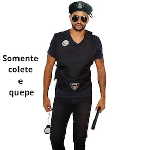 Fantasia Kit Policial Adulto Masculino Colete E Quepe Fantasia Policial Batalhão Bope Profissão Polícia Segurança