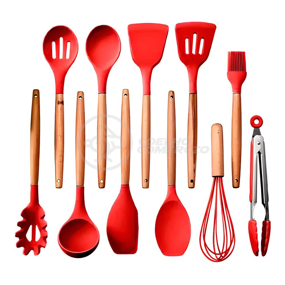 Kit 12 Utensílios de Cozinha Peças de Silicone e Cabo de Madeira Madeira Resistentes - Vermelho